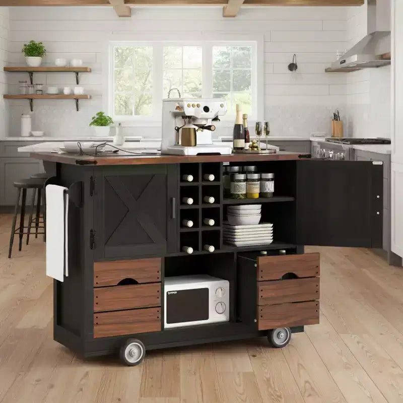 Farmhouse Kitchen Island, Power Outlet, Kitchen Storage Cart with 2 Doors, 2 Drawers, Rolling Kitchen Island on 4 Large Wheels with Spice Rack