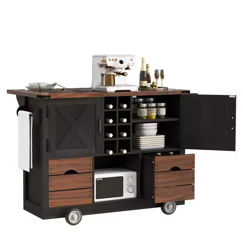 Farmhouse Kitchen Island, Power Outlet, Kitchen Storage Cart with 2 Doors, 2 Drawers, Rolling Kitchen Island on 4 Large Wheels with Spice Rack