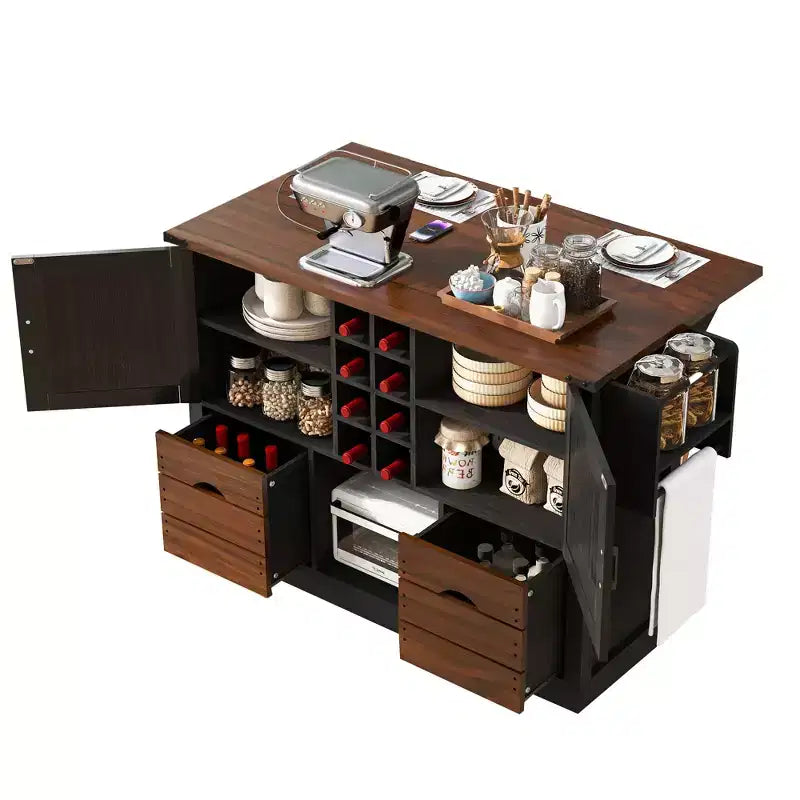Farmhouse Kitchen Island, Power Outlet, Kitchen Storage Cart with 2 Doors, 2 Drawers, Rolling Kitchen Island on 4 Large Wheels with Spice Rack