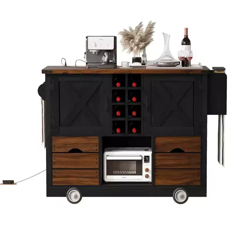 Farmhouse Kitchen Island, Power Outlet, Kitchen Storage Cart with 2 Doors, 2 Drawers, Rolling Kitchen Island on 4 Large Wheels with Spice Rack