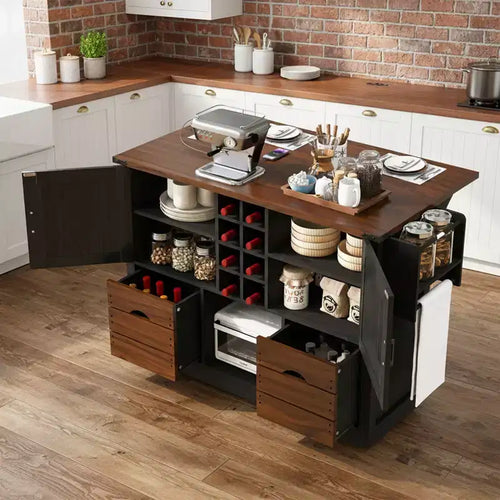 Farmhouse Kitchen Island, Power Outlet, Kitchen Storage Cart with 2 Doors, 2 Drawers, Rolling Kitchen Island on 4 Large Wheels with Spice Rack