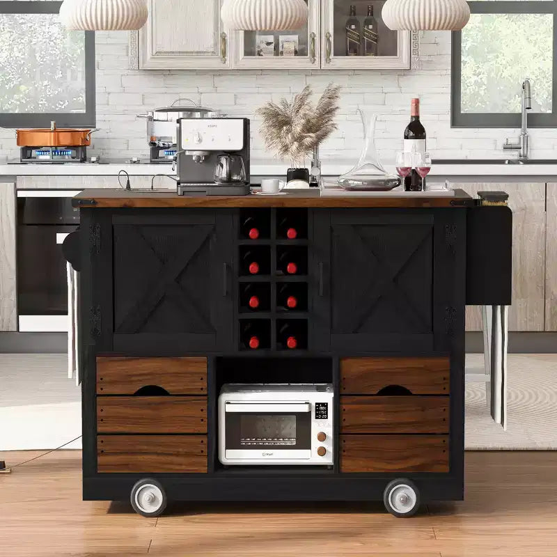 Farmhouse Kitchen Island, Power Outlet, Kitchen Storage Cart with 2 Doors, 2 Drawers, Rolling Kitchen Island on 4 Large Wheels with Spice Rack