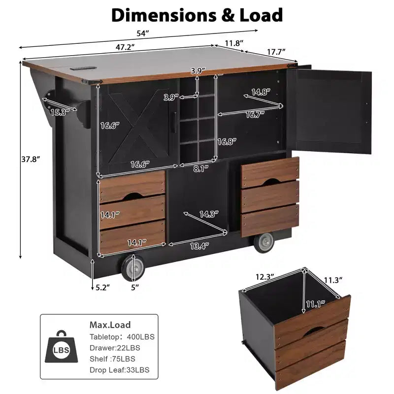 Farmhouse Kitchen Island, Power Outlet, Kitchen Storage Cart with 2 Doors, 2 Drawers, Rolling Kitchen Island on 4 Large Wheels with Spice Rack