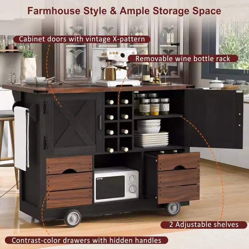 Farmhouse Kitchen Island, Power Outlet, Kitchen Storage Cart with 2 Doors, 2 Drawers, Rolling Kitchen Island on 4 Large Wheels with Spice Rack