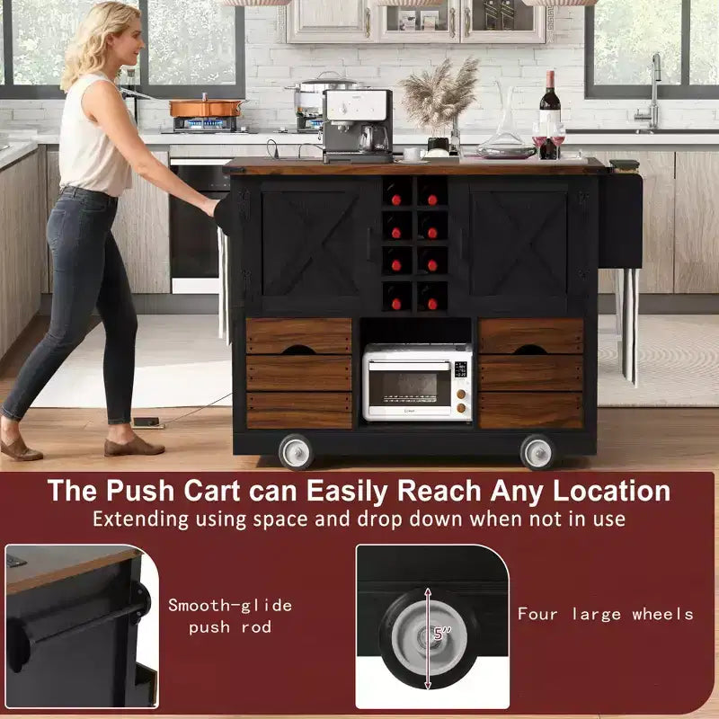 Farmhouse Kitchen Island, Power Outlet, Kitchen Storage Cart with 2 Doors, 2 Drawers, Rolling Kitchen Island on 4 Large Wheels with Spice Rack