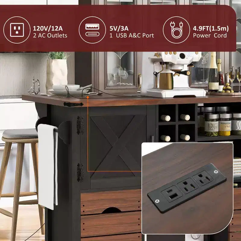 Farmhouse Kitchen Island, Power Outlet, Kitchen Storage Cart with 2 Doors, 2 Drawers, Rolling Kitchen Island on 4 Large Wheels with Spice Rack