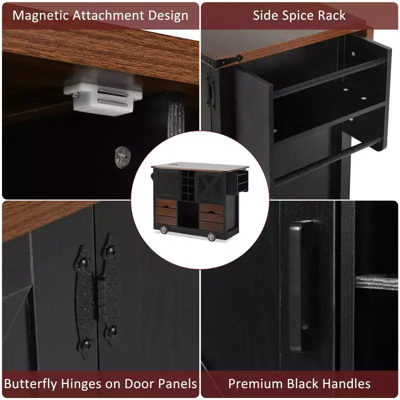 Farmhouse Kitchen Island, Power Outlet, Kitchen Storage Cart with 2 Doors, 2 Drawers, Rolling Kitchen Island on 4 Large Wheels with Spice Rack