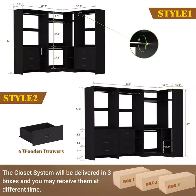 Besiost 86-In Closet System Set with Wood Drawers, Corner Closet Organizer with Hanging Rods