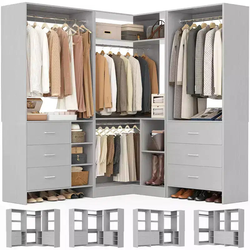 Besiost 86-In Closet System Set with Wood Drawers, Corner Closet Organizer with Hanging Rods