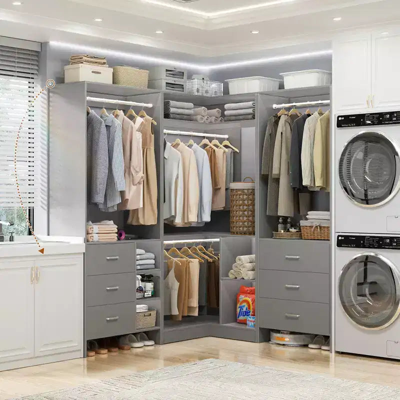 Besiost 86-In Closet System Set with Wood Drawers, Corner Closet Organizer with Hanging Rods