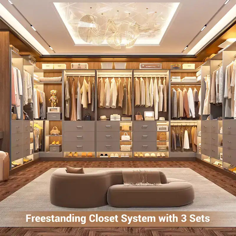 Besiost 86-In Closet System Set with Wood Drawers, Corner Closet Organizer with Hanging Rods