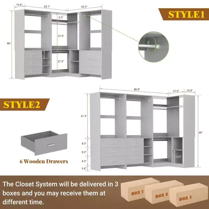 Besiost 86-In Closet System Set with Wood Drawers, Corner Closet Organizer with Hanging Rods