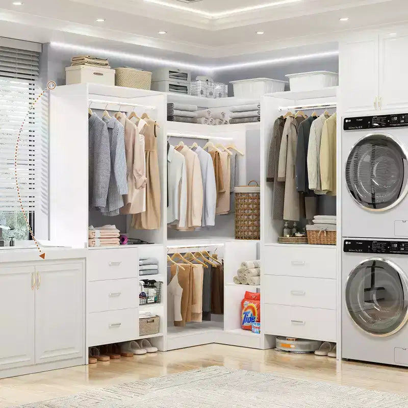 Besiost 86-In Closet System Set with Wood Drawers, Corner Closet Organizer with Hanging Rods