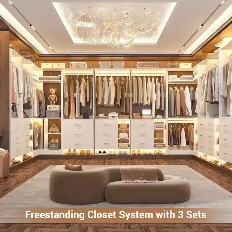 Besiost 86-In Closet System Set with Wood Drawers, Corner Closet Organizer with Hanging Rods