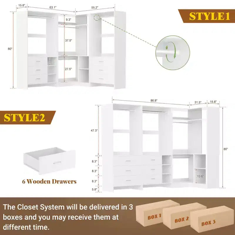Besiost 86-In Closet System Set with Wood Drawers, Corner Closet Organizer with Hanging Rods
