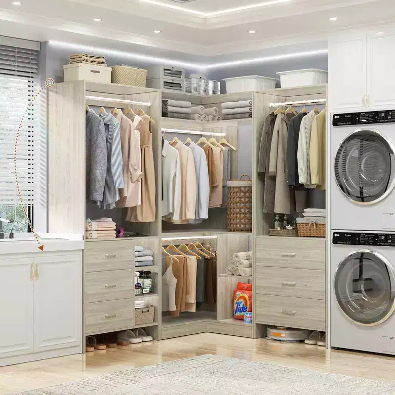 Besiost 86-In Closet System Set with Wood Drawers, Corner Closet Organizer with Hanging Rods