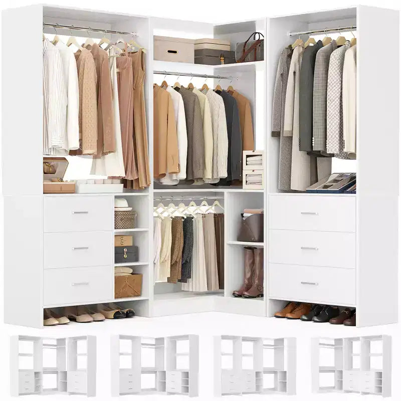 Besiost 86-In Closet System Set with Wood Drawers, Corner Closet Organizer with Hanging Rods