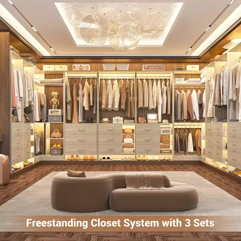Besiost 86-In Closet System Set with Wood Drawers, Corner Closet Organizer with Hanging Rods