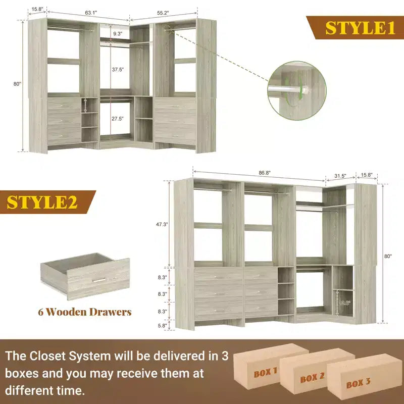 Besiost 86-In Closet System Set with Wood Drawers, Corner Closet Organizer with Hanging Rods