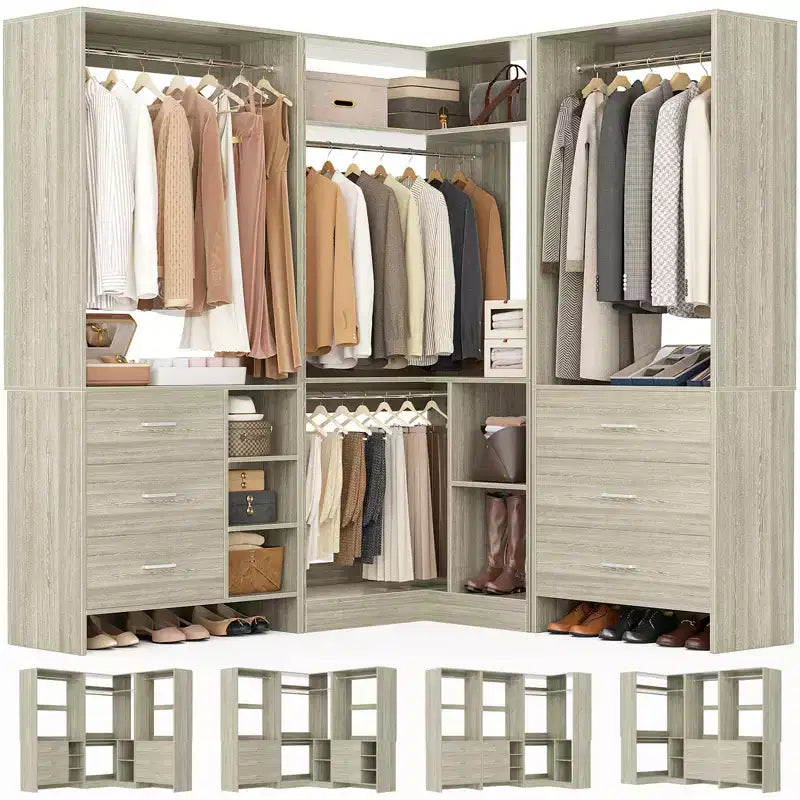 Besiost 86-In Closet System Set with Wood Drawers, Corner Closet Organizer with Hanging Rods