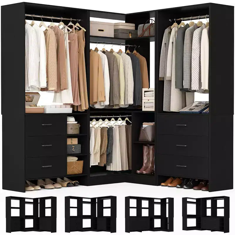 Besiost 86-In Closet System Set with Wood Drawers, Corner Closet Organizer with Hanging Rods