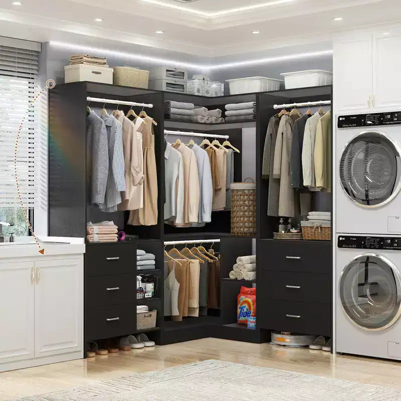 Besiost 86-In Closet System Set with Wood Drawers, Corner Closet Organizer with Hanging Rods