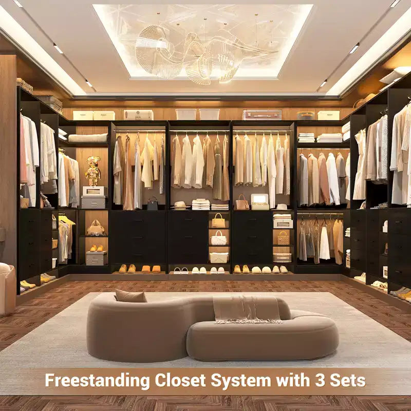 Besiost 86-In Closet System Set with Wood Drawers, Corner Closet Organizer with Hanging Rods