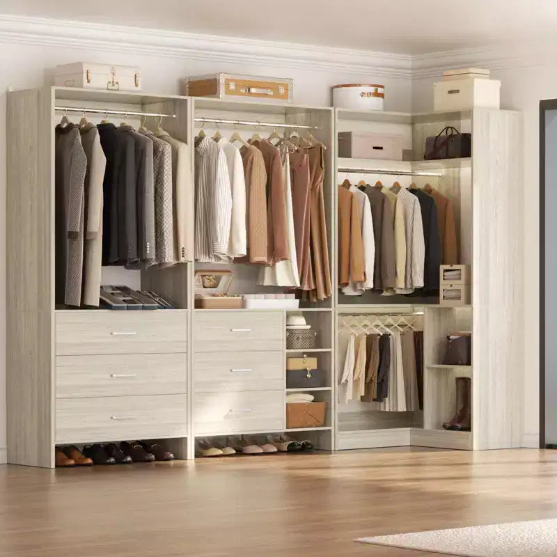 Besiost 86-In Closet System Set with Wood Drawers, Corner Closet Organizer with Hanging Rods
