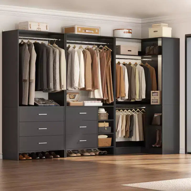 Besiost 86-In Closet System Set with Wood Drawers, Corner Closet Organizer with Hanging Rods