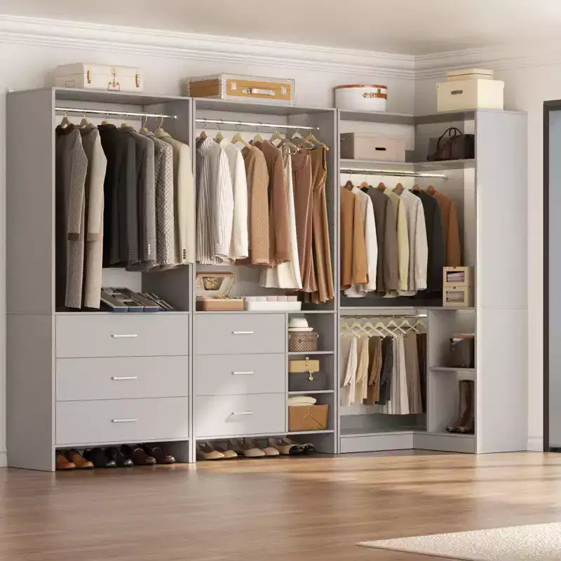 Besiost 86-In Closet System Set with Wood Drawers, Corner Closet Organizer with Hanging Rods