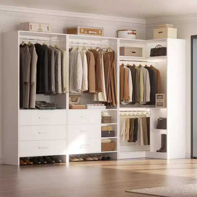 Besiost 86-In Closet System Set with Wood Drawers, Corner Closet Organizer with Hanging Rods