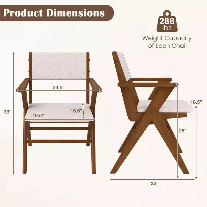 Costway Wooden Dining Chair Set of 2 w/ Rubber Wood Frame Padded Seat & Back Armrests