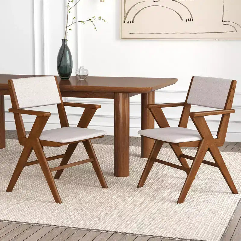Costway Wooden Dining Chair Set of 2 w/ Rubber Wood Frame Padded Seat & Back Armrests