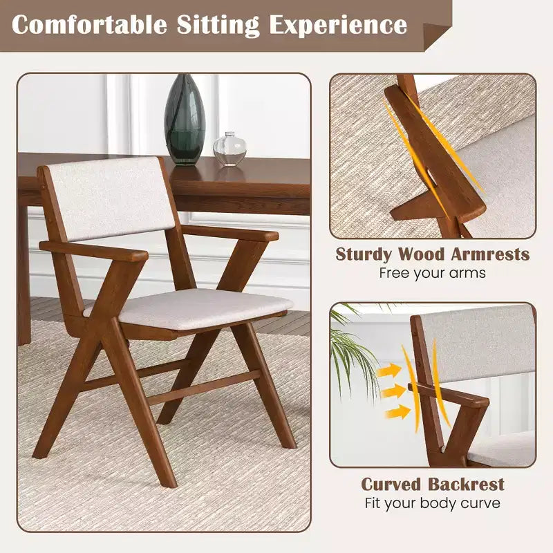Costway Wooden Dining Chair Set of 2 w/ Rubber Wood Frame Padded Seat & Back Armrests