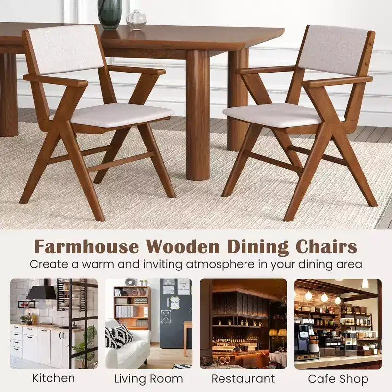 Costway Wooden Dining Chair Set of 2 w/ Rubber Wood Frame Padded Seat & Back Armrests