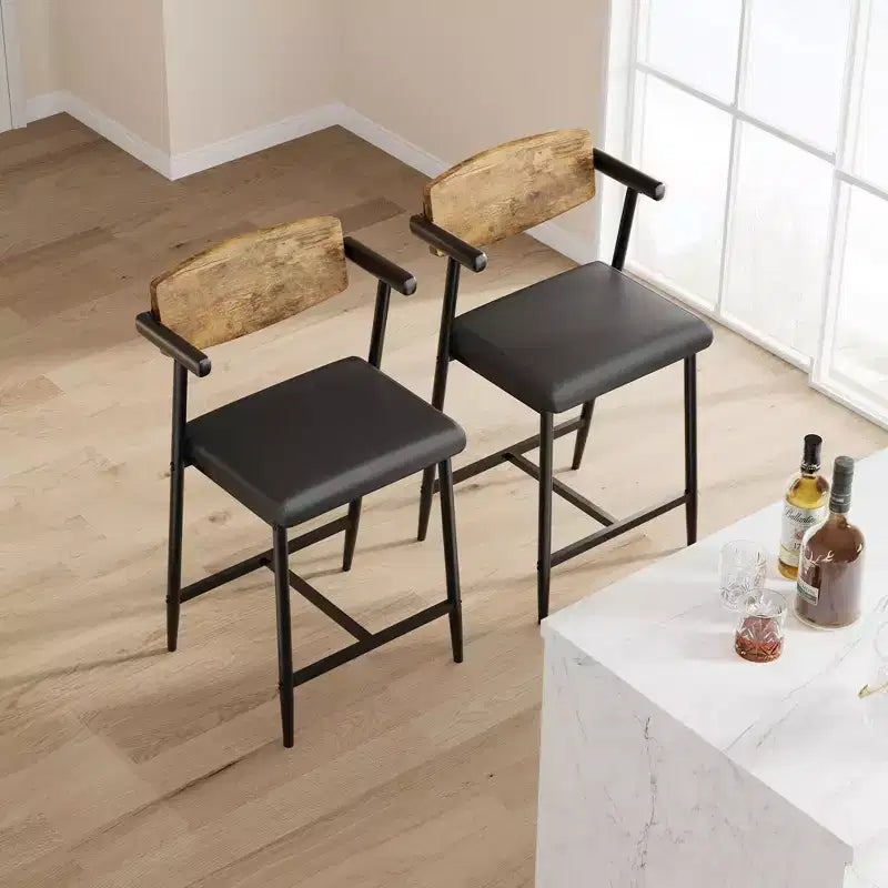 Set of 2 Counter-Height Bar Stools C Rustic Brown Faux Leather with Wood-Trimmed Back & Metal Legs for Kitchen Islands & Dining Rooms