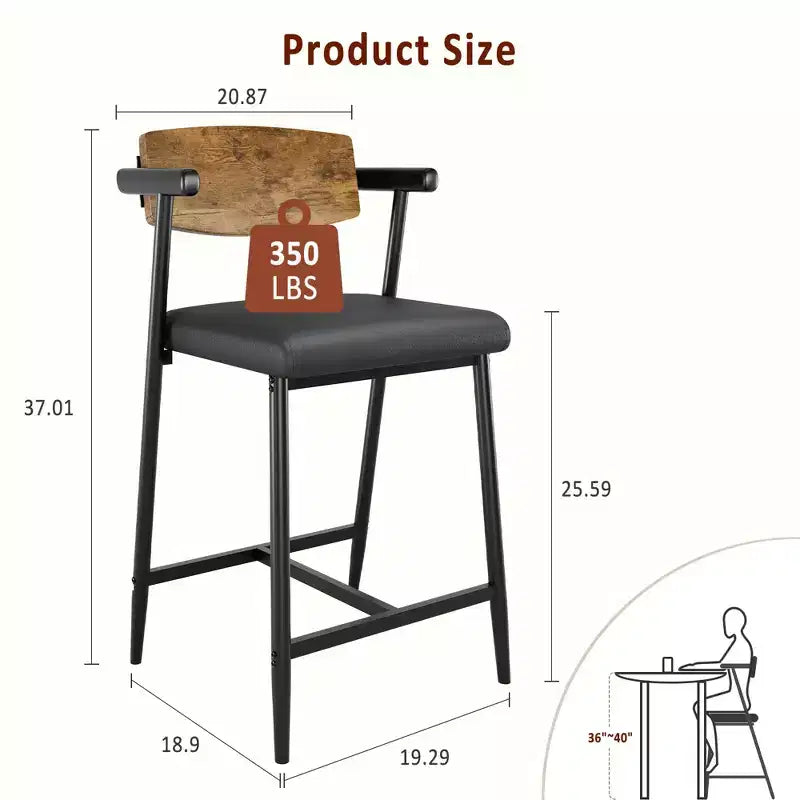 Set of 2 Counter-Height Bar Stools C Rustic Brown Faux Leather with Wood-Trimmed Back & Metal Legs for Kitchen Islands & Dining Rooms