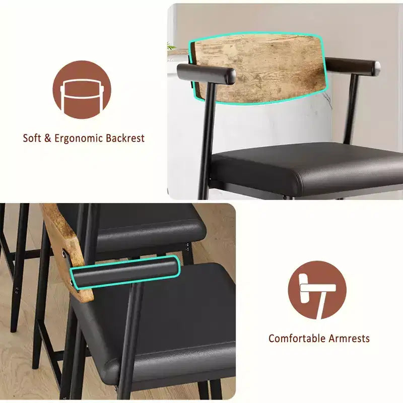 Set of 2 Counter-Height Bar Stools C Rustic Brown Faux Leather with Wood-Trimmed Back & Metal Legs for Kitchen Islands & Dining Rooms