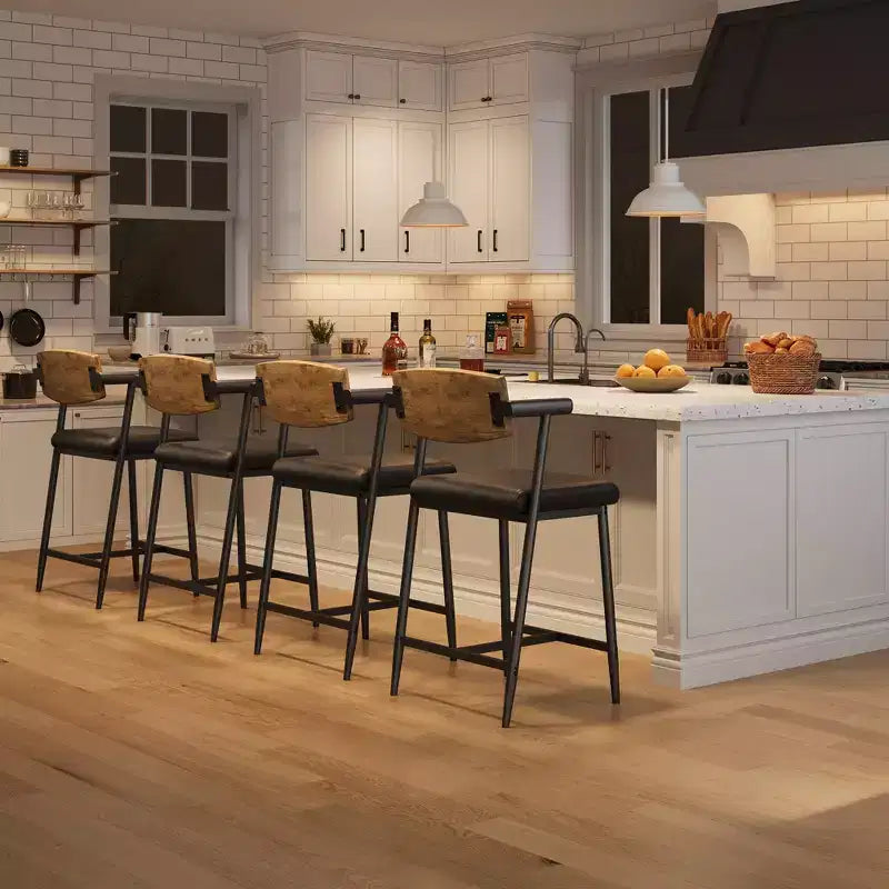 Set of 2 Counter-Height Bar Stools C Rustic Brown Faux Leather with Wood-Trimmed Back & Metal Legs for Kitchen Islands & Dining Rooms