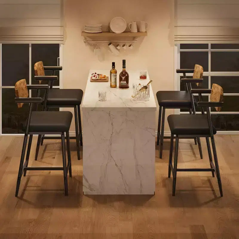 Set of 2 Counter-Height Bar Stools C Rustic Brown Faux Leather with Wood-Trimmed Back & Metal Legs for Kitchen Islands & Dining Rooms