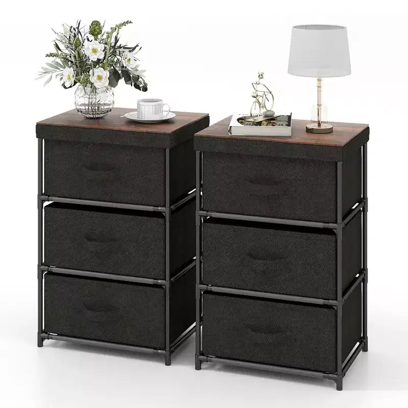 Costway 2PCS Fabric Bedside Table 3 Drawers Nightstand Small Dresser Bedroom Living Room