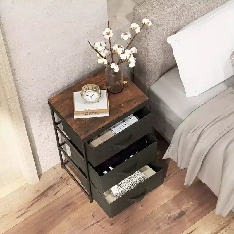 Costway 2PCS Fabric Bedside Table 3 Drawers Nightstand Small Dresser Bedroom Living Room