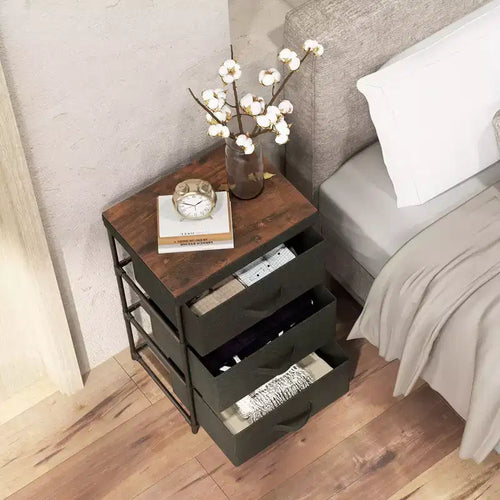 Costway 2PCS Fabric Bedside Table 3 Drawers Nightstand Small Dresser Bedroom Living Room