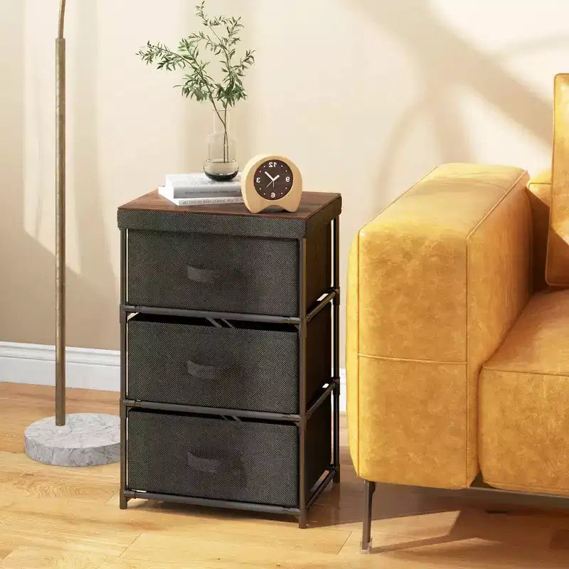 Costway 2PCS Fabric Bedside Table 3 Drawers Nightstand Small Dresser Bedroom Living Room