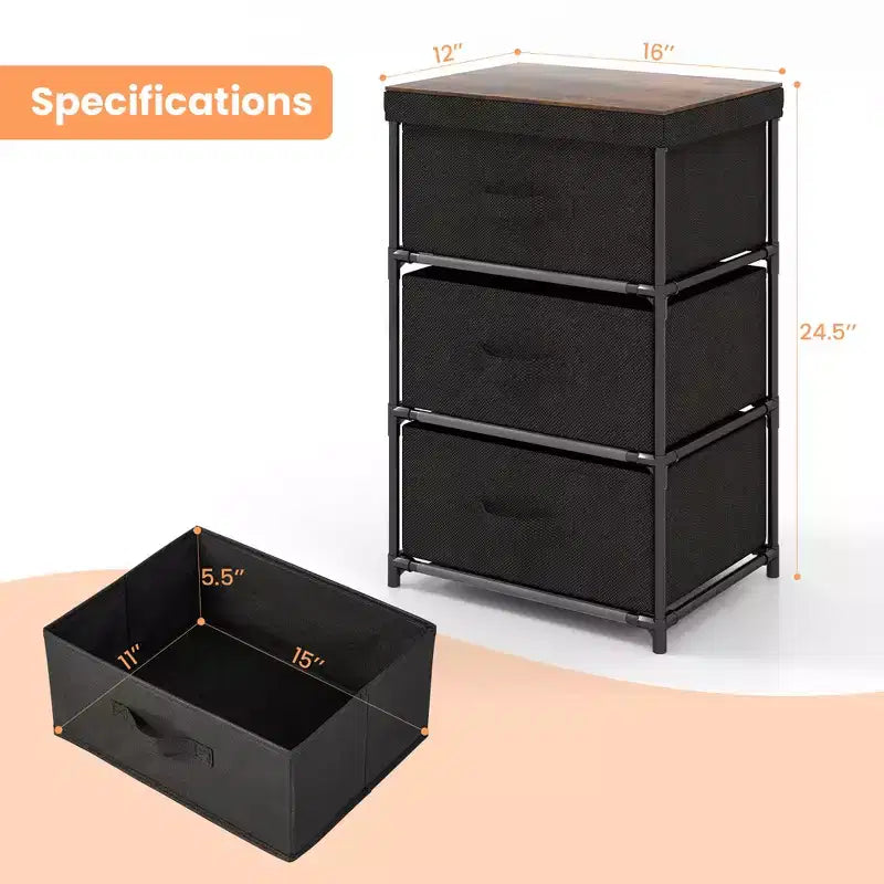 Costway 2PCS Fabric Bedside Table 3 Drawers Nightstand Small Dresser Bedroom Living Room