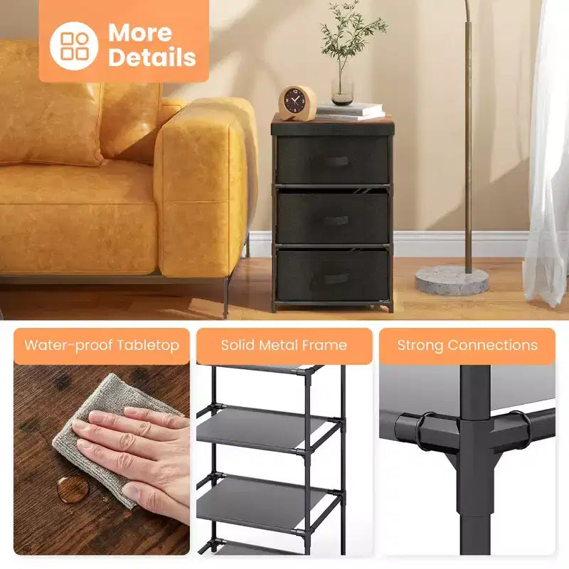 Costway 2PCS Fabric Bedside Table 3 Drawers Nightstand Small Dresser Bedroom Living Room