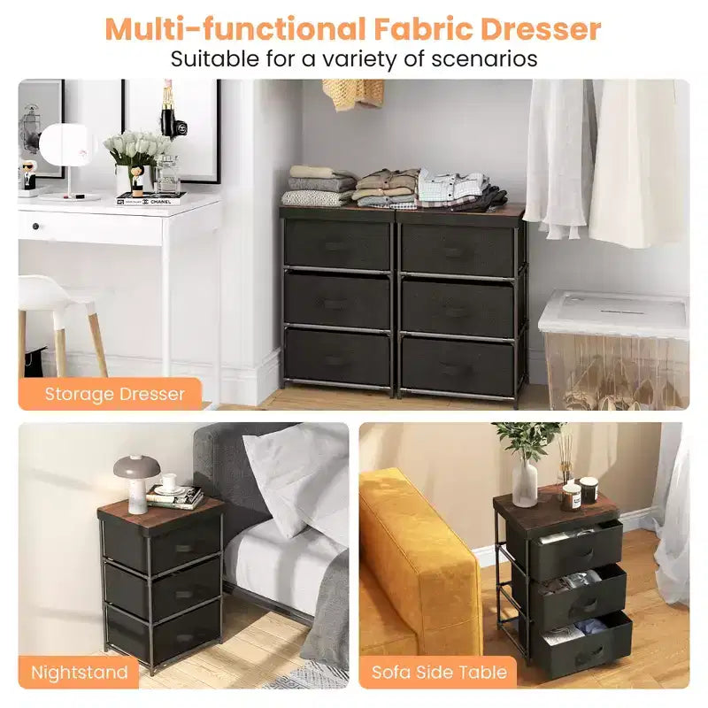 Costway 2PCS Fabric Bedside Table 3 Drawers Nightstand Small Dresser Bedroom Living Room