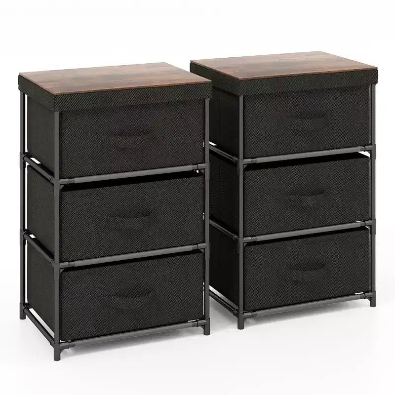 Costway 2PCS Fabric Bedside Table 3 Drawers Nightstand Small Dresser Bedroom Living Room