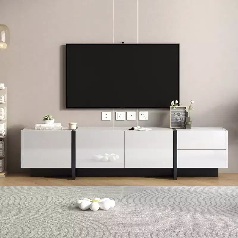 High Gloss TV Stand with for 80 TV, Wood TV Storage Cabinet with 2 Drawers and Doors, Entertainment Center Media Console for Living Room
