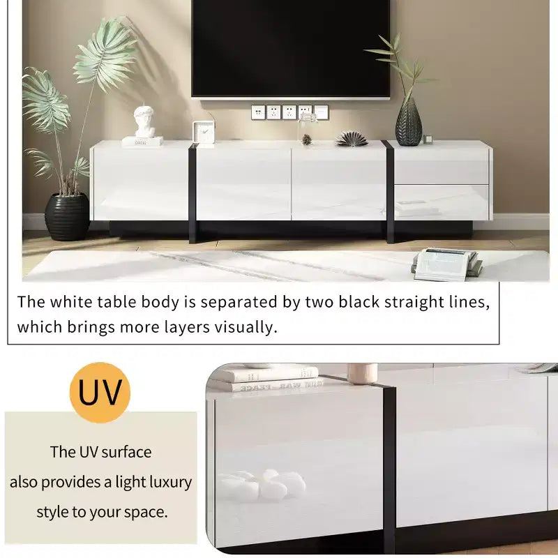 High Gloss TV Stand with for 80 TV, Wood TV Storage Cabinet with 2 Drawers and Doors, Entertainment Center Media Console for Living Room